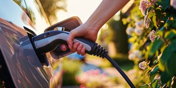 Female hand with an electric car charger near a house in summer, sustainability and green living, Eco Lifestyle